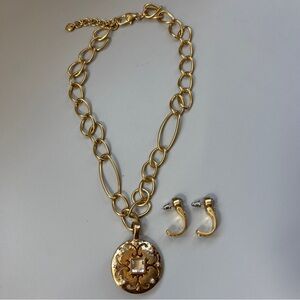 Brighton Versailles Saturn Gold Reversible Medallion Necklace & Hoop Earring Set